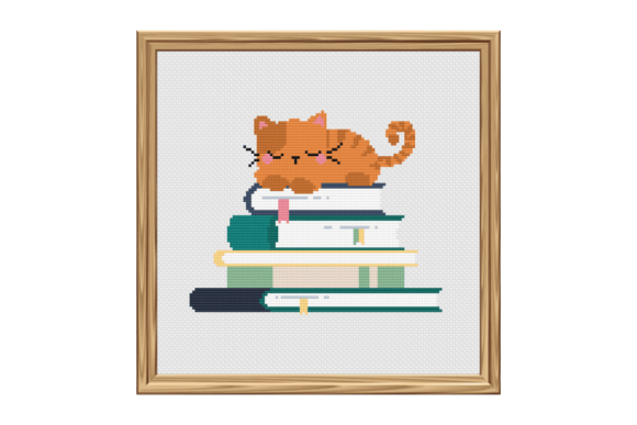 Cat Sleeping on a Stack of Books Cross Stitch Pattern