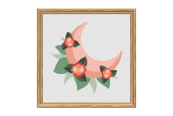Pink Crescent Moon with Roses Cross Stitch Pattern